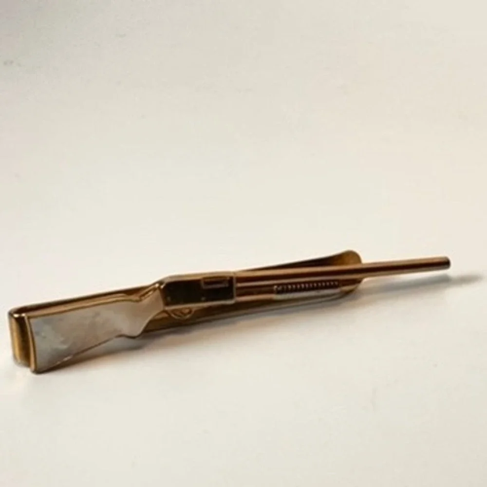 Vintage Rifle Tie Clip Gold Tone Mother of Pearl Inlay Western Goth Boho Chic